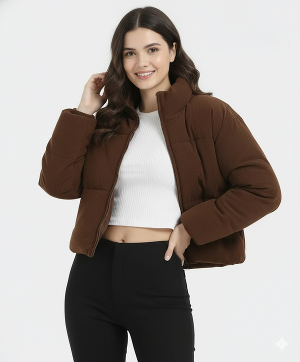 Women Cotton Puffer Jacket – Solid Winter Wear with Long Sleeves